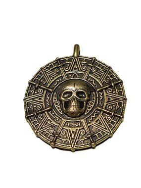 Pirate Skull Aztec Coin Pendant Charm Antiqued Gold Tone Collectable DIY Jewelry